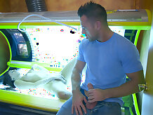 Cory Chase sucks customer's cock while Aubrey Rose masturbating in the tanning bed - Aubrey Rose,Cory Chase