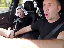 Hitchhiking nun Alexa Nova sucks Keiran's schlong while he drives - Alexa Nova