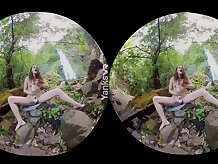 Bony female is using a wand in the nature, while making her first-ever pornography movie