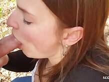 Buxom stunner is deep throating man rod and munching jizz in the nature, in the late afternoon