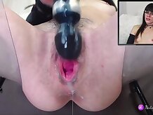 Furry dark-haired is opening up up broad in front of the camera and using a electro-hitachi