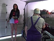 Jolly girl on heels and short dress provoke oldman to ass slap and shag her